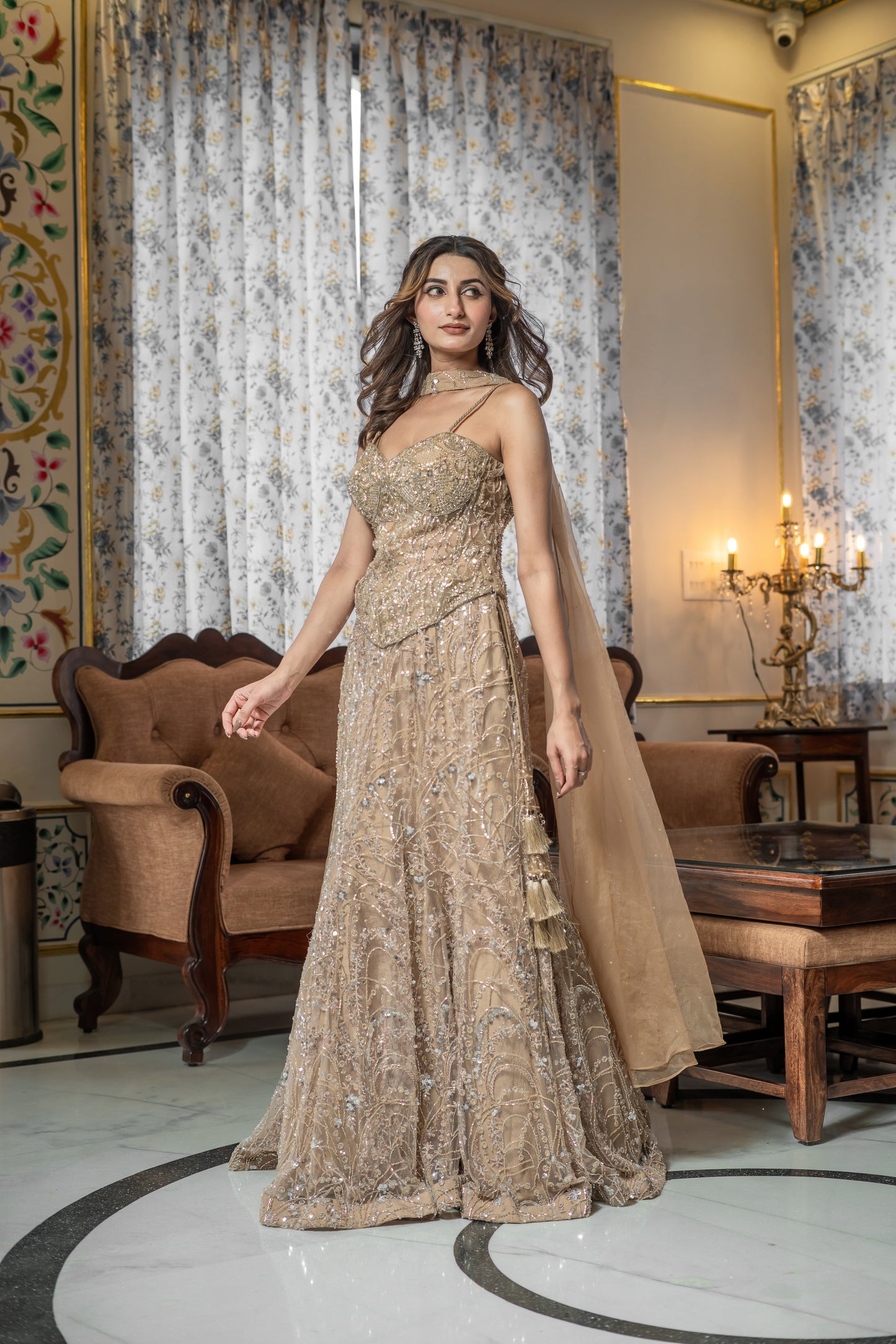 Beige Embellished Lehenga Set