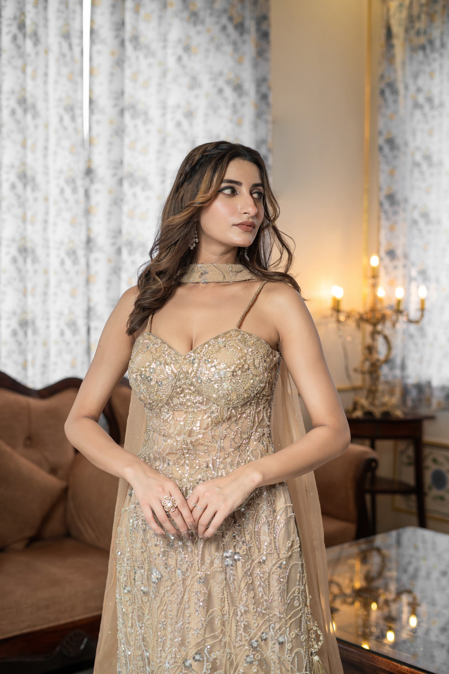 Beige Embellished Lehenga Set