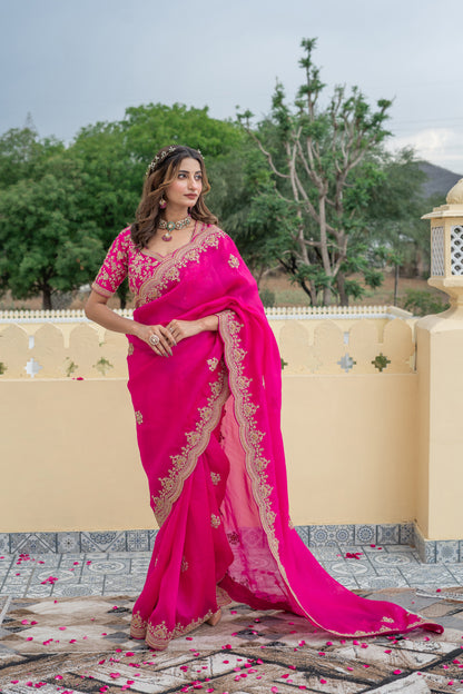 Pink Saree with Embroidered Scalloped Border