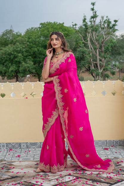 Pink Saree with Embroidered Scalloped Border