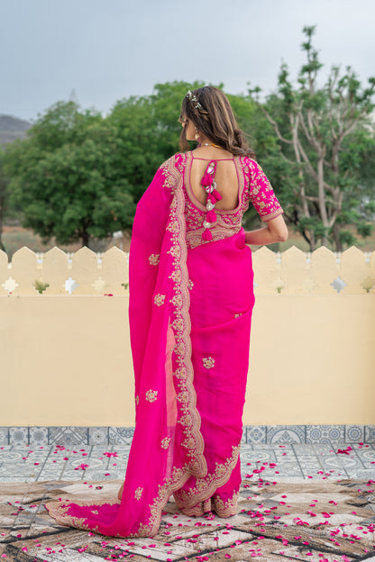 Pink Saree with Embroidered Scalloped Border