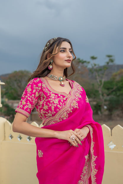 Pink Saree with Embroidered Scalloped Border