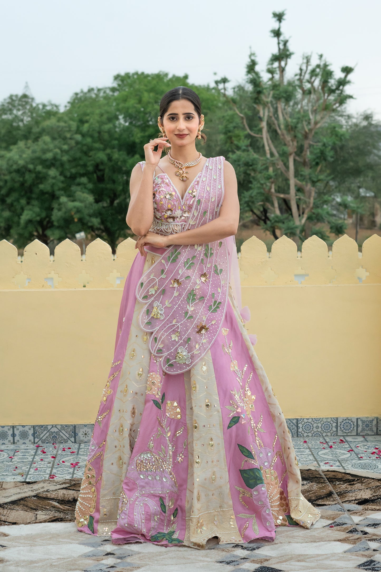 Pink Lehenga Set with Embellished Floral Details