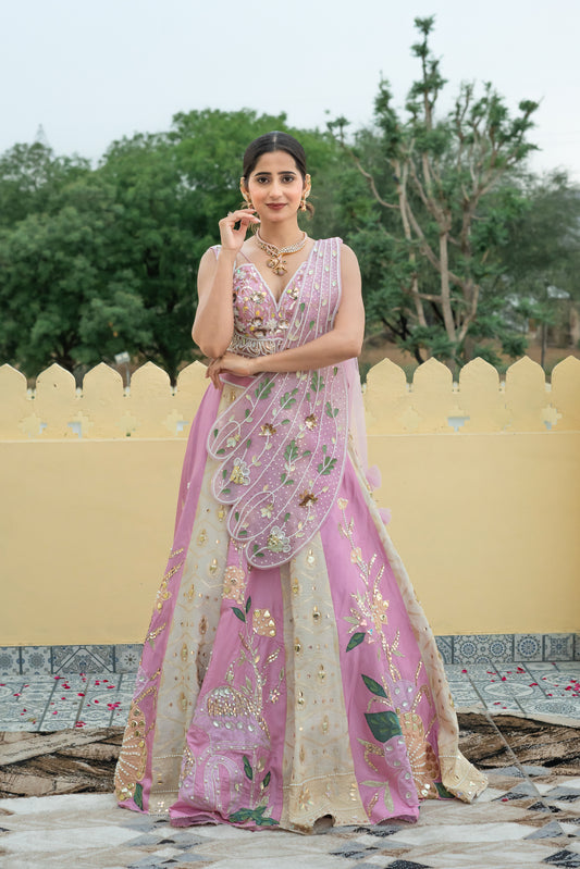 Pink Lehenga Set with Embellished Floral Details