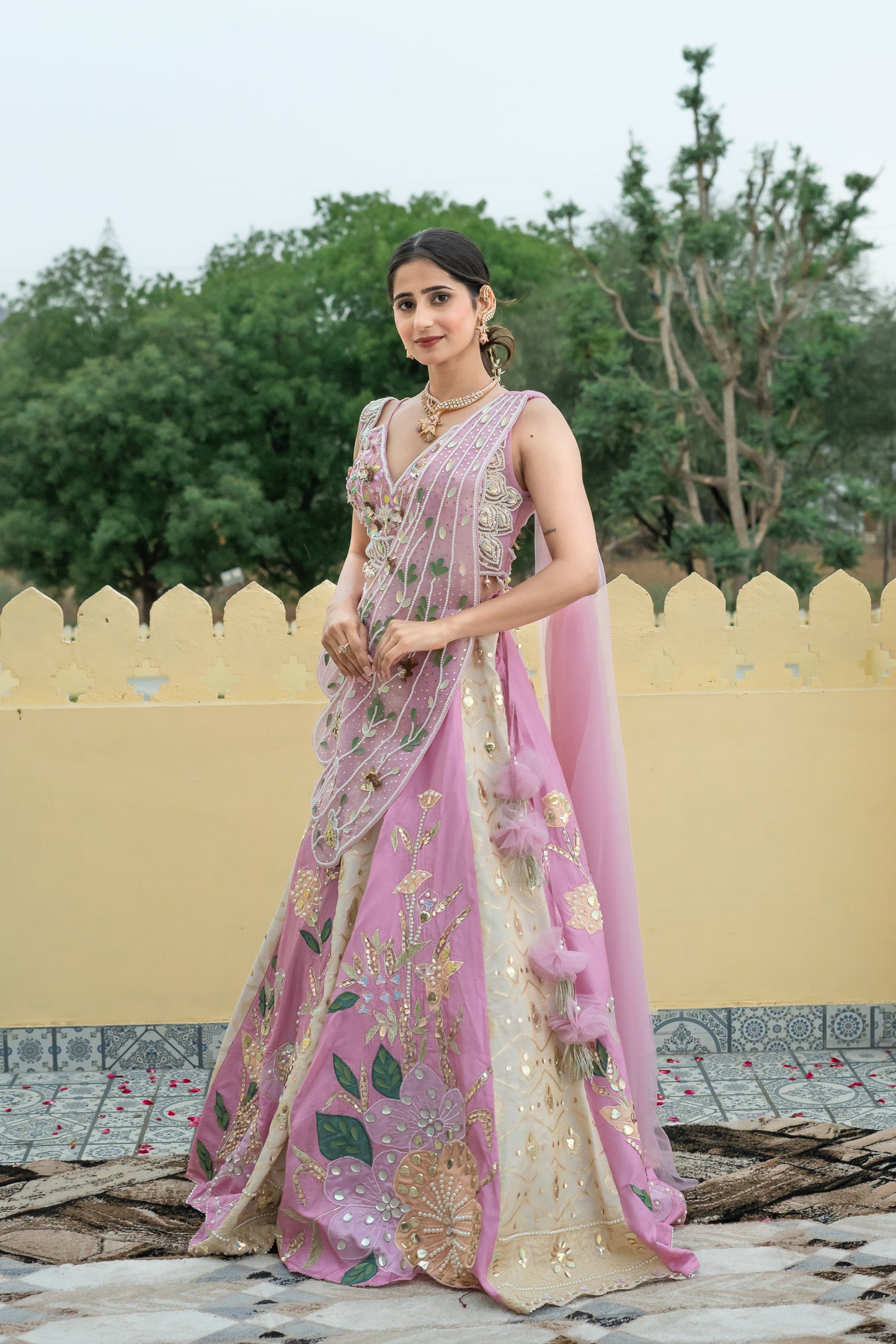 Pink Lehenga Set with Embellished Floral Details