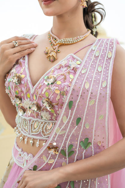 Pink Lehenga Set with Embellished Floral Details