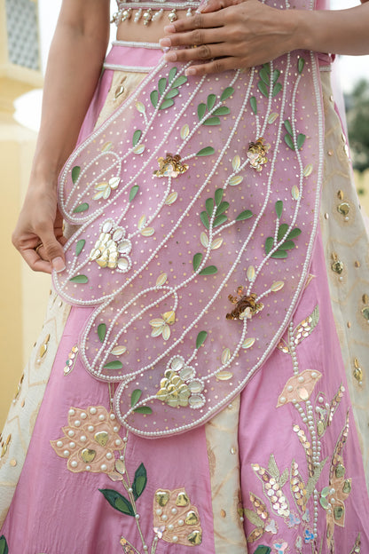 Pink Lehenga Set with Embellished Floral Details