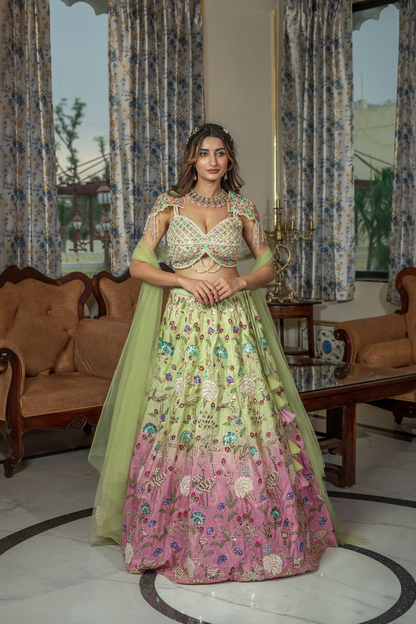 Lime Green and Pink Ombre Raw Silk Embroidered Lehenga Set