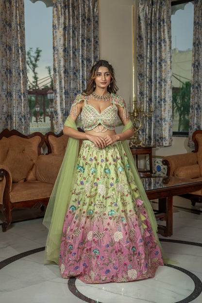 Lime Green and Pink Ombre Raw Silk Embroidered Lehenga Set