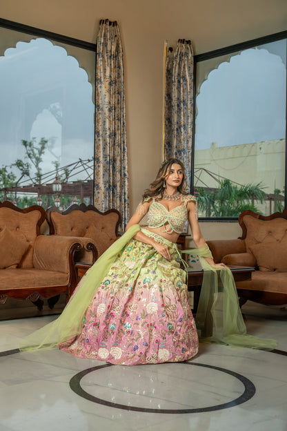 Lime Green and Pink Ombre Raw Silk Embroidered Lehenga Set