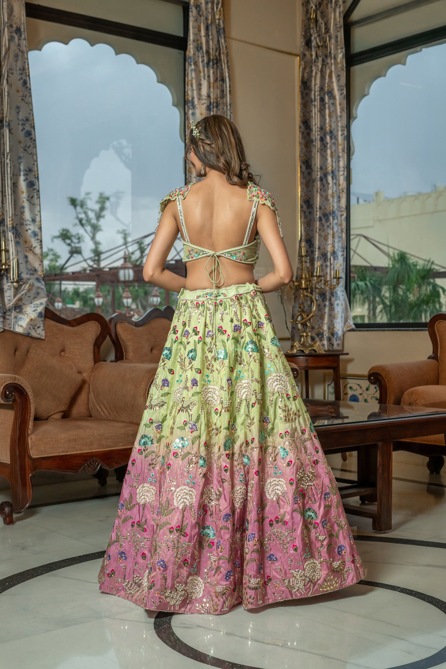 Lime Green and Pink Ombre Raw Silk Embroidered Lehenga Set