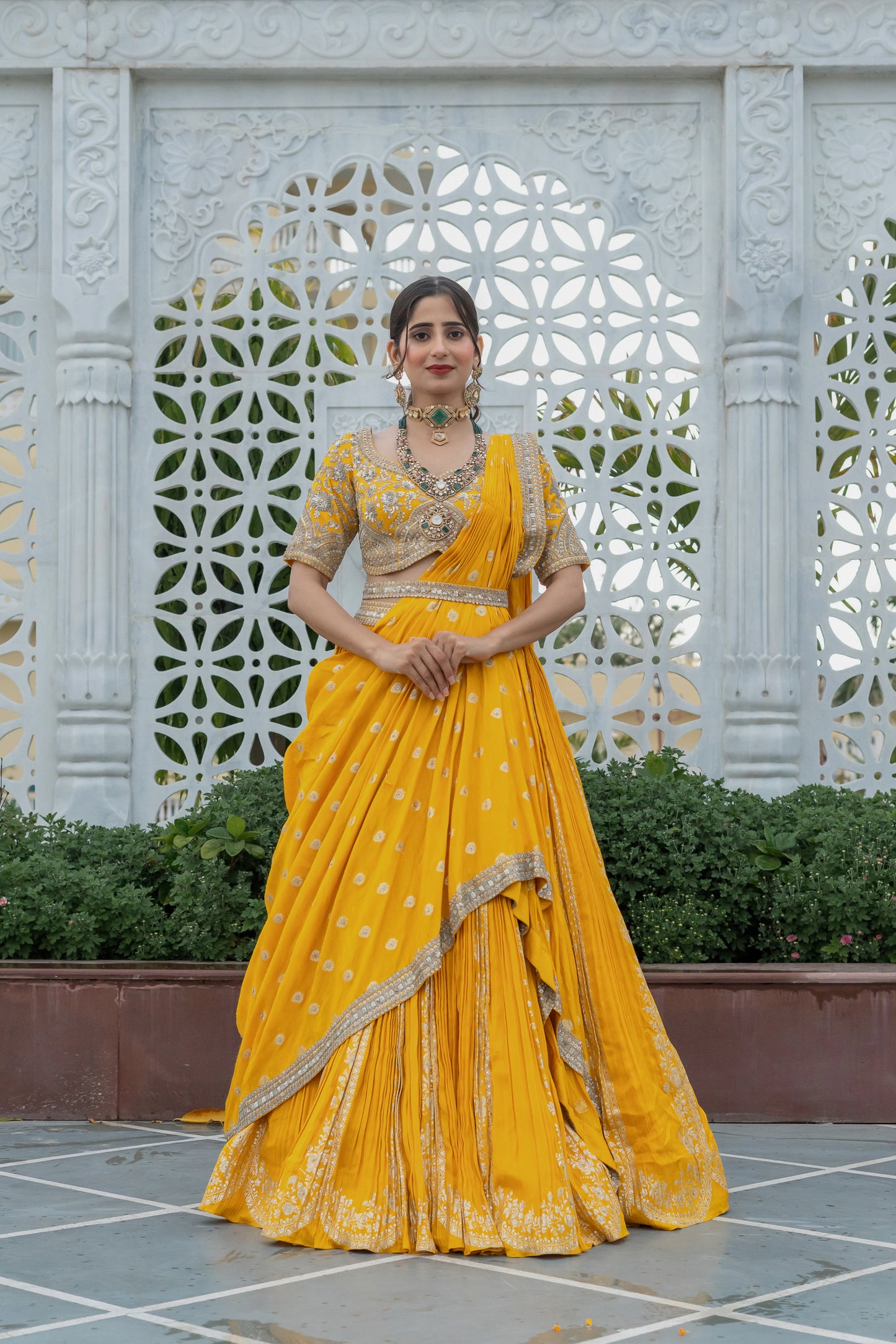 Amber Yellow Silk Embellished Draped Yellow Set