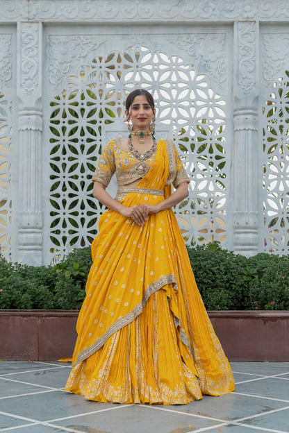 Amber Yellow Silk Embellished Draped Yellow Set