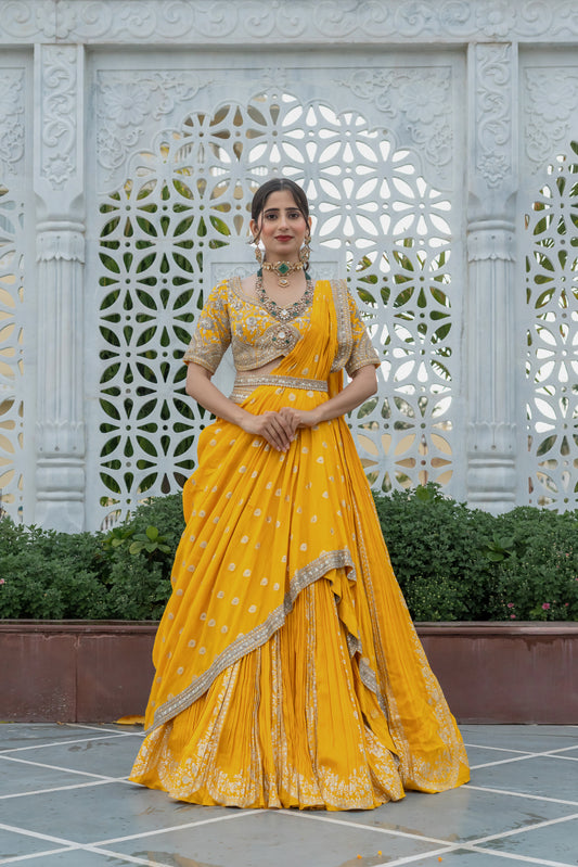 Amber Yellow Silk Embellished Draped Yellow Set