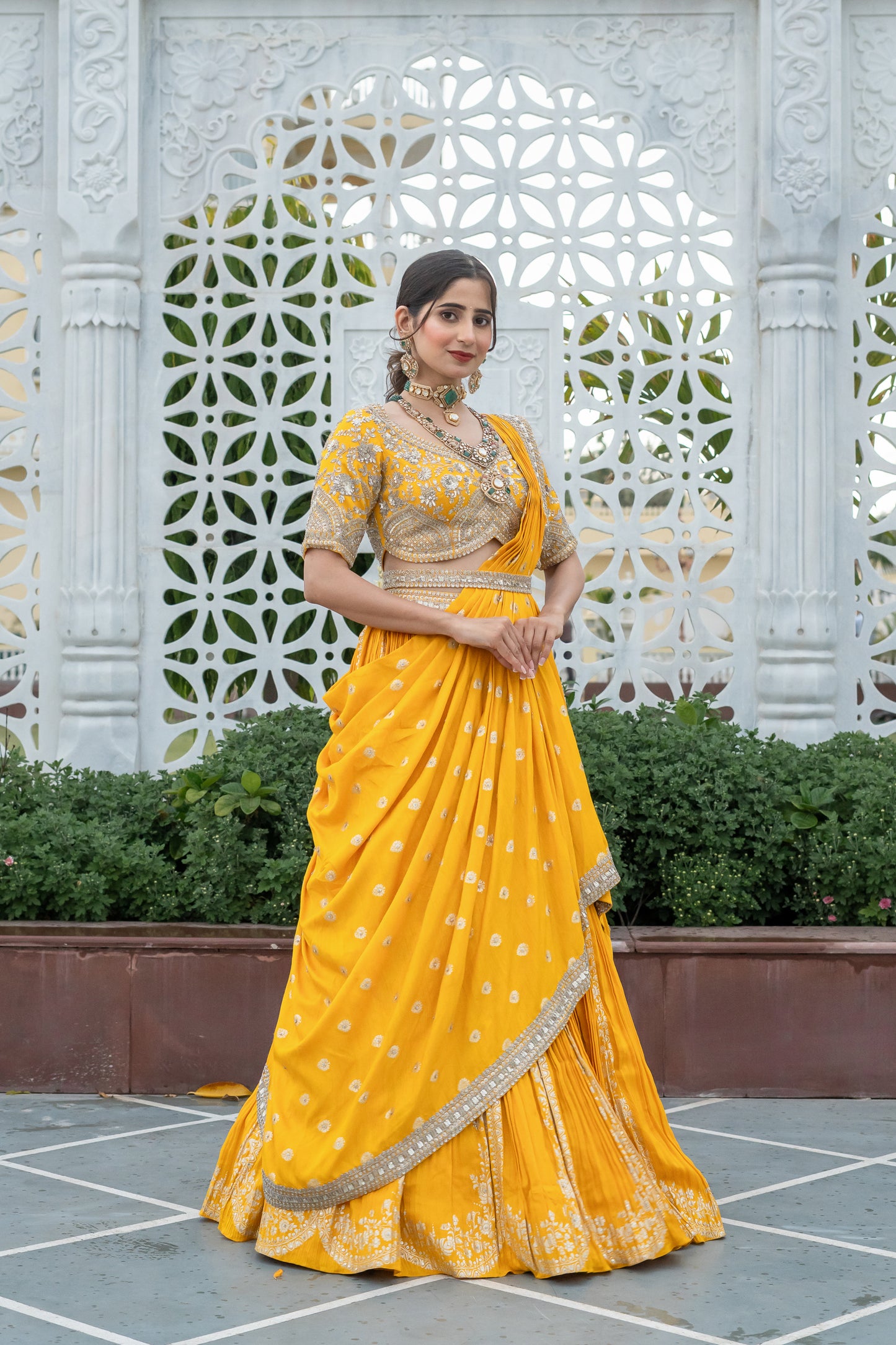 Amber Yellow Silk Embellished Draped Yellow Set
