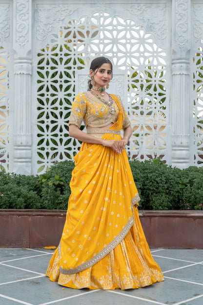 Amber Yellow Silk Embellished Draped Yellow Set