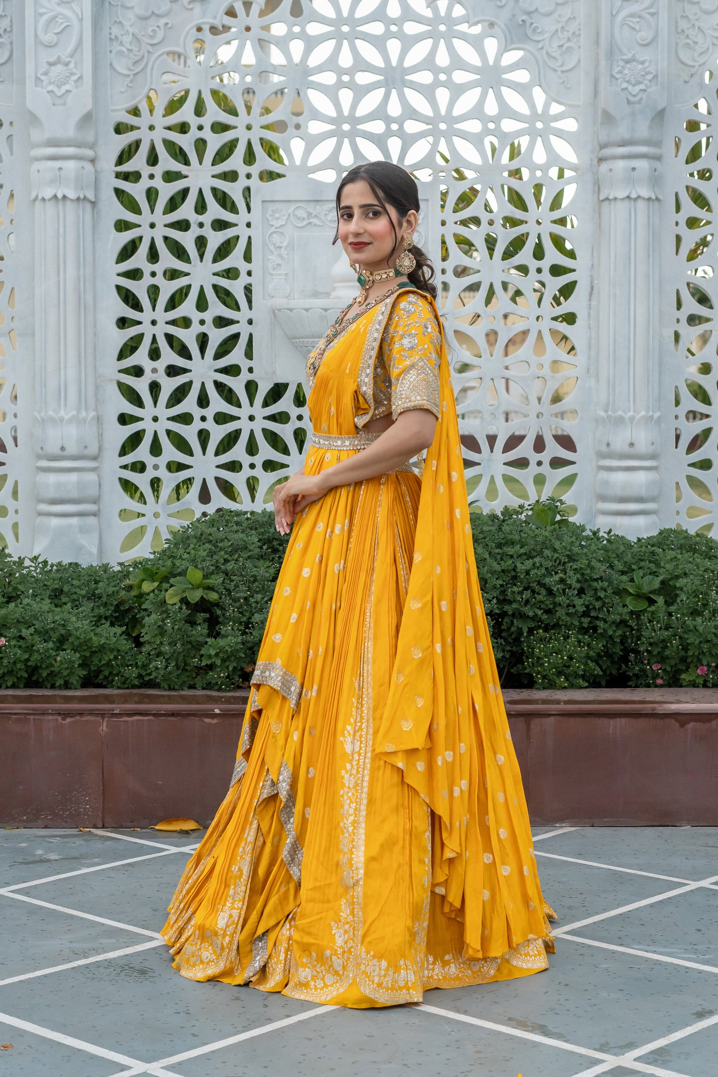 Amber Yellow Silk Embellished Draped Yellow Set