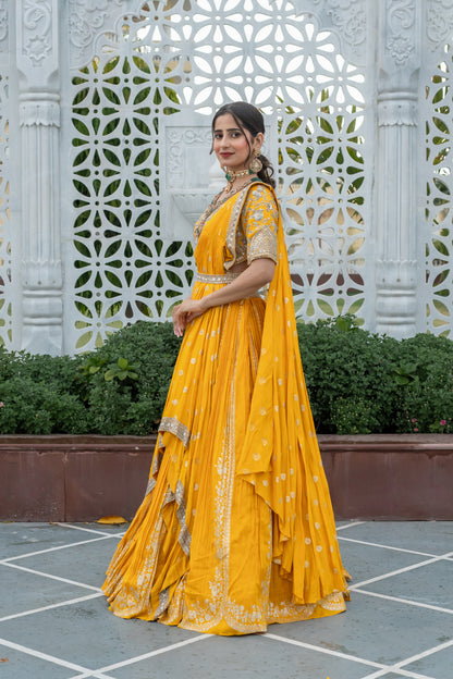 Amber Yellow Silk Embellished Draped Yellow Set