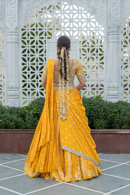 Amber Yellow Silk Embellished Draped Yellow Set