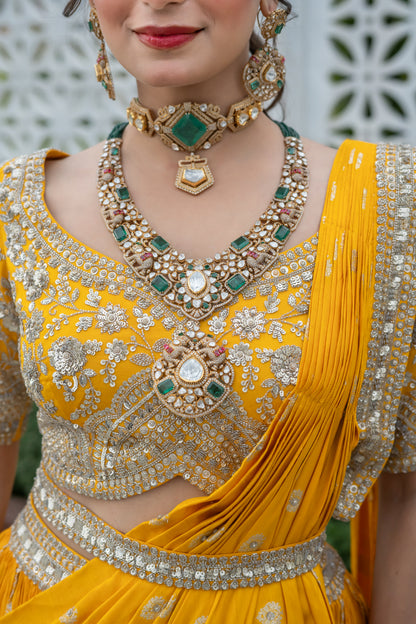 Amber Yellow Silk Embellished Draped Yellow Set