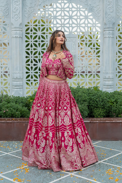 Rani Pink Brocade Lehenga Set with Embellished Cropped Jacket
