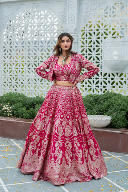 Rani Pink Brocade Lehenga Set with Embellished Cropped Jacket
