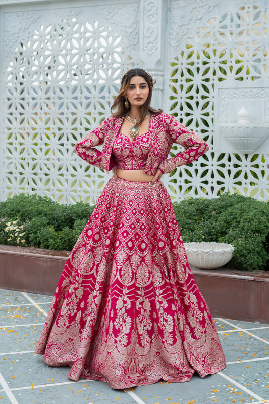 Rani Pink Brocade Lehenga Set with Embellished Cropped Jacket