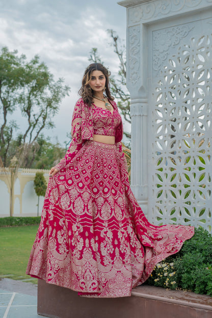 Rani Pink Brocade Lehenga Set with Embellished Cropped Jacket