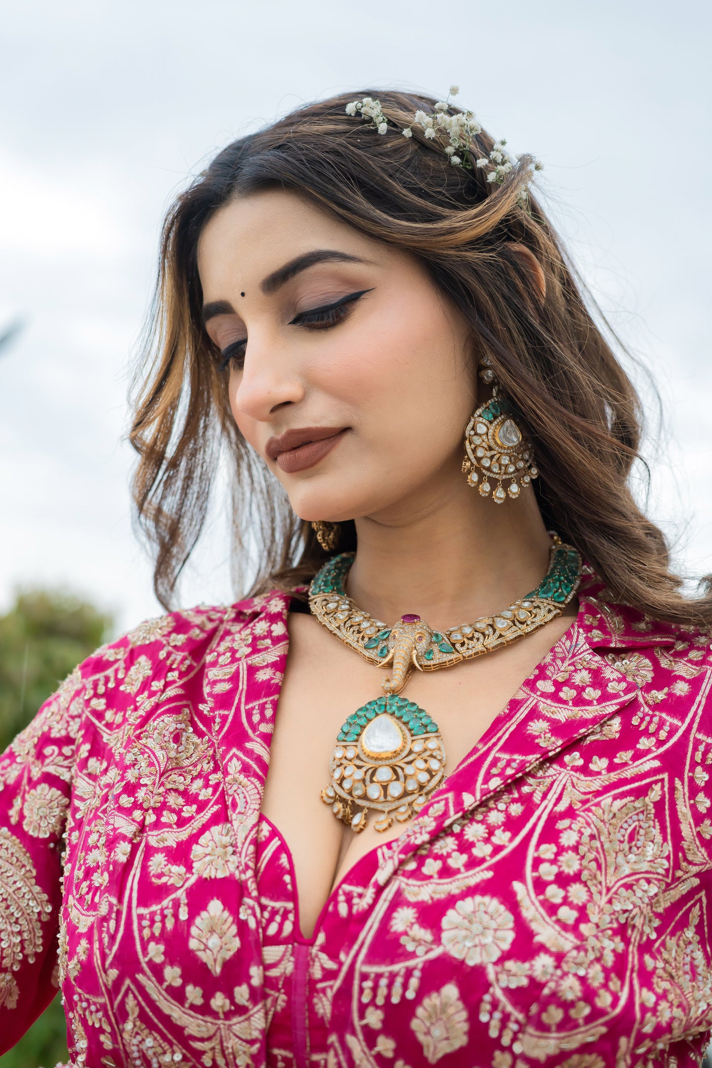 Rani Pink Brocade Lehenga Set with Embellished Cropped Jacket