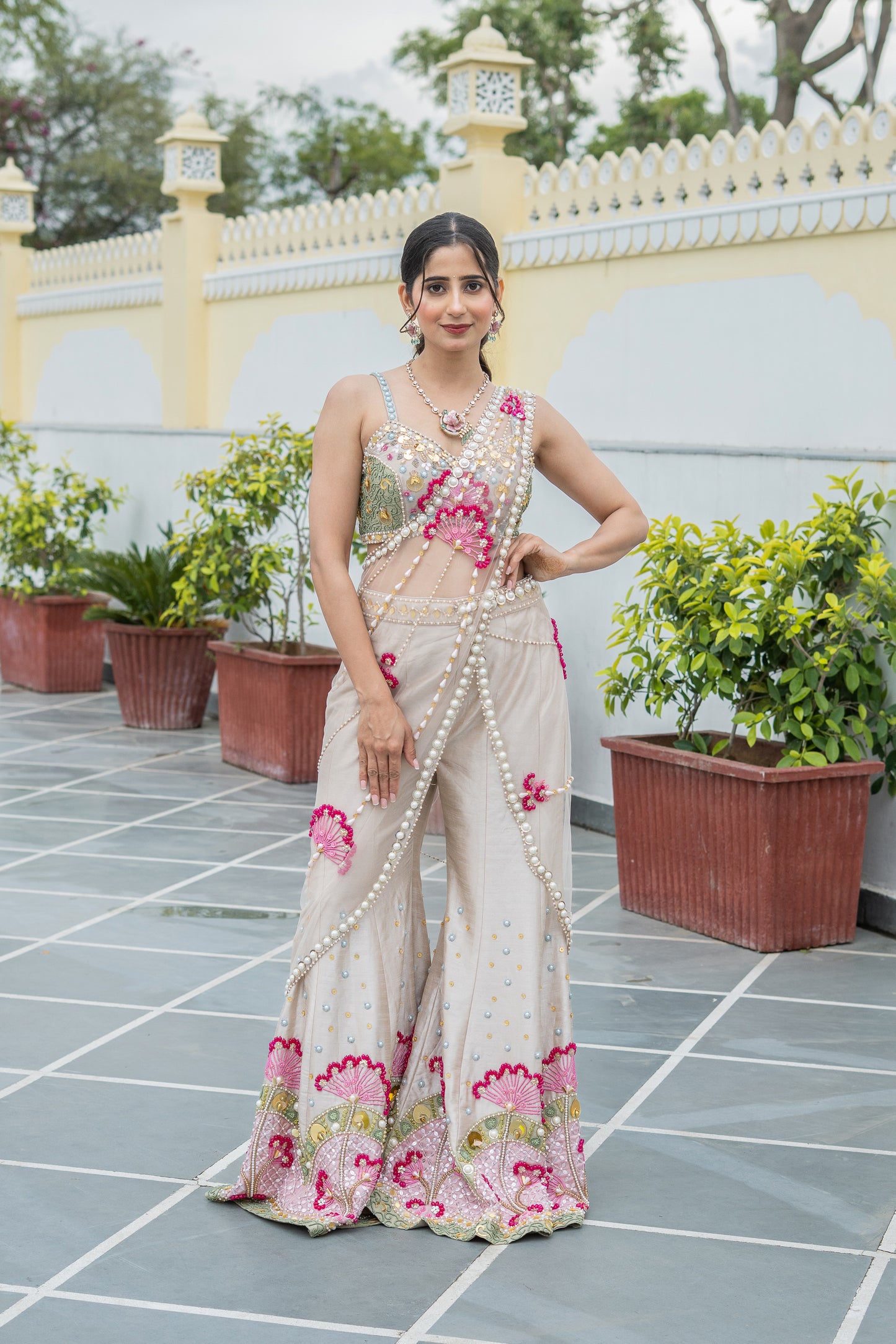 Beige Embellished Sharara Drape Saree Set