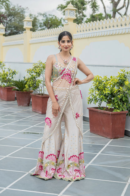 Beige Embellished Sharara Drape Saree Set