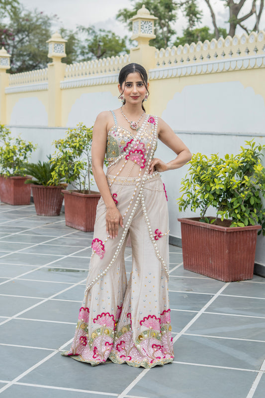 Beige Embellished Sharara Drape Saree Set