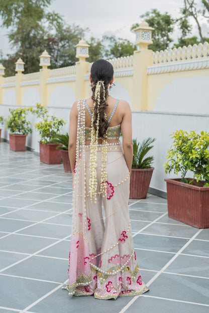 Beige Embellished Sharara Drape Saree Set