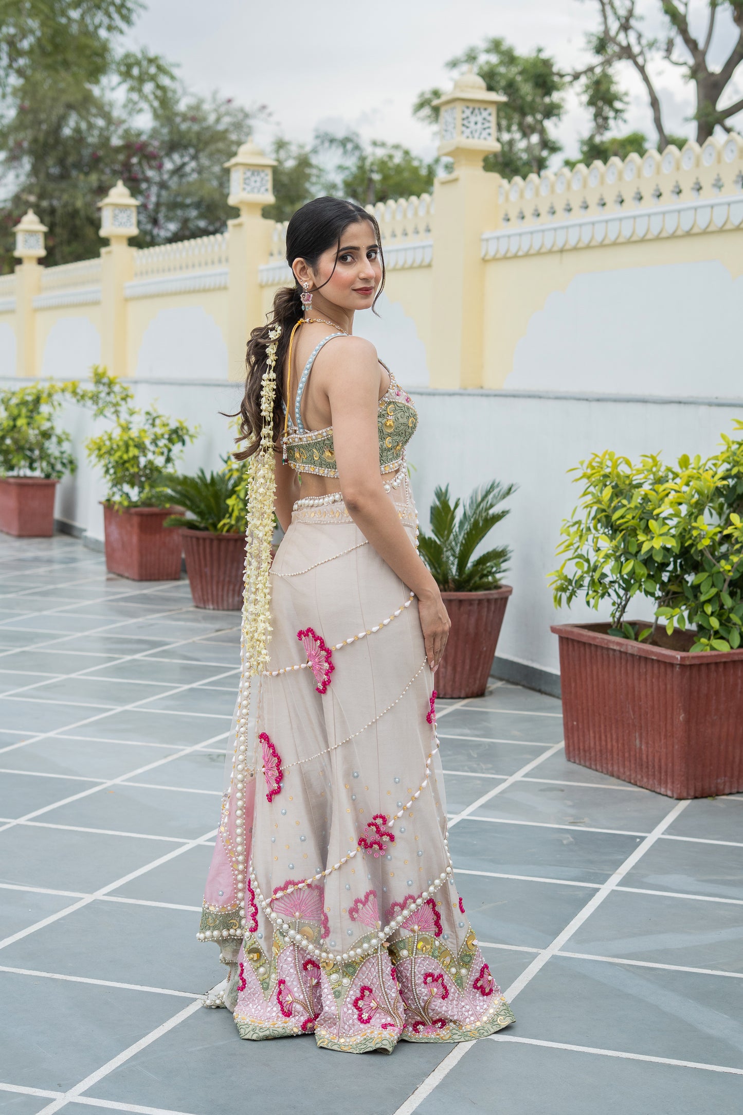 Beige Embellished Sharara Drape Saree Set