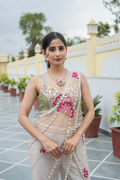 Beige Embellished Sharara Drape Saree Set