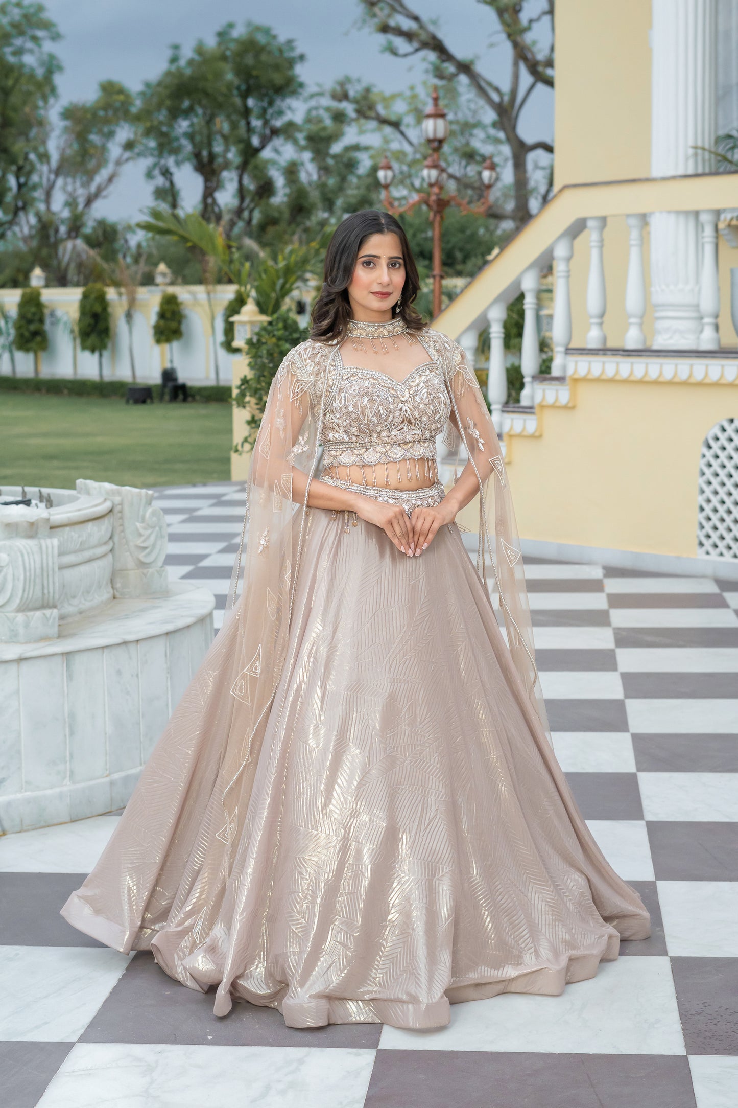 Metallic Champagne Shimmer Organza Cape Lehenga Set