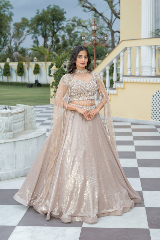 Metallic Champagne Shimmer Organza Cape Lehenga Set