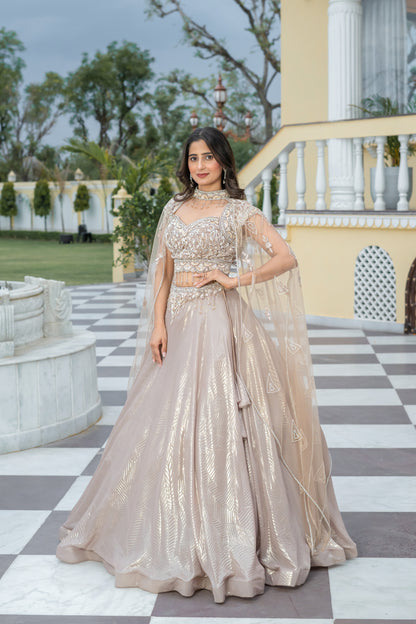 Metallic Champagne Shimmer Organza Cape Lehenga Set
