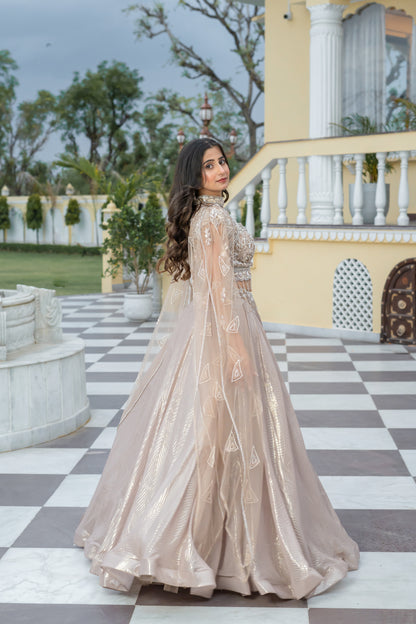 Metallic Champagne Shimmer Organza Cape Lehenga Set