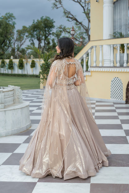 Metallic Champagne Shimmer Organza Cape Lehenga Set
