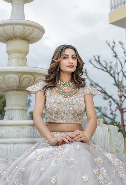 Taupe Hand-Embroidered Tissue Organza Lehenga Set