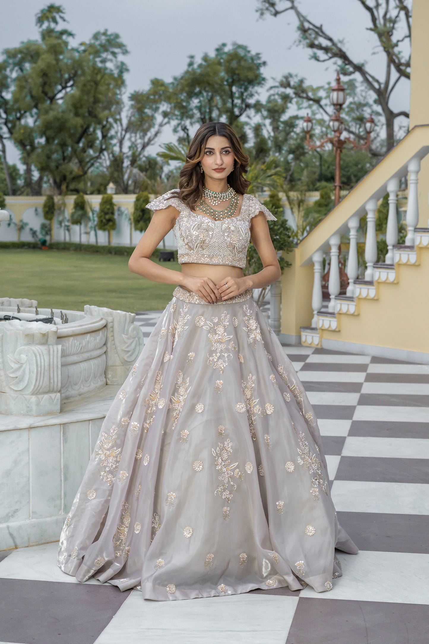 Taupe Hand-Embroidered Tissue Organza Lehenga Set