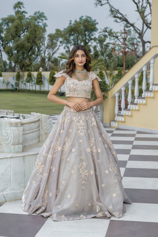 Taupe Hand-Embroidered Tissue Organza Lehenga Set