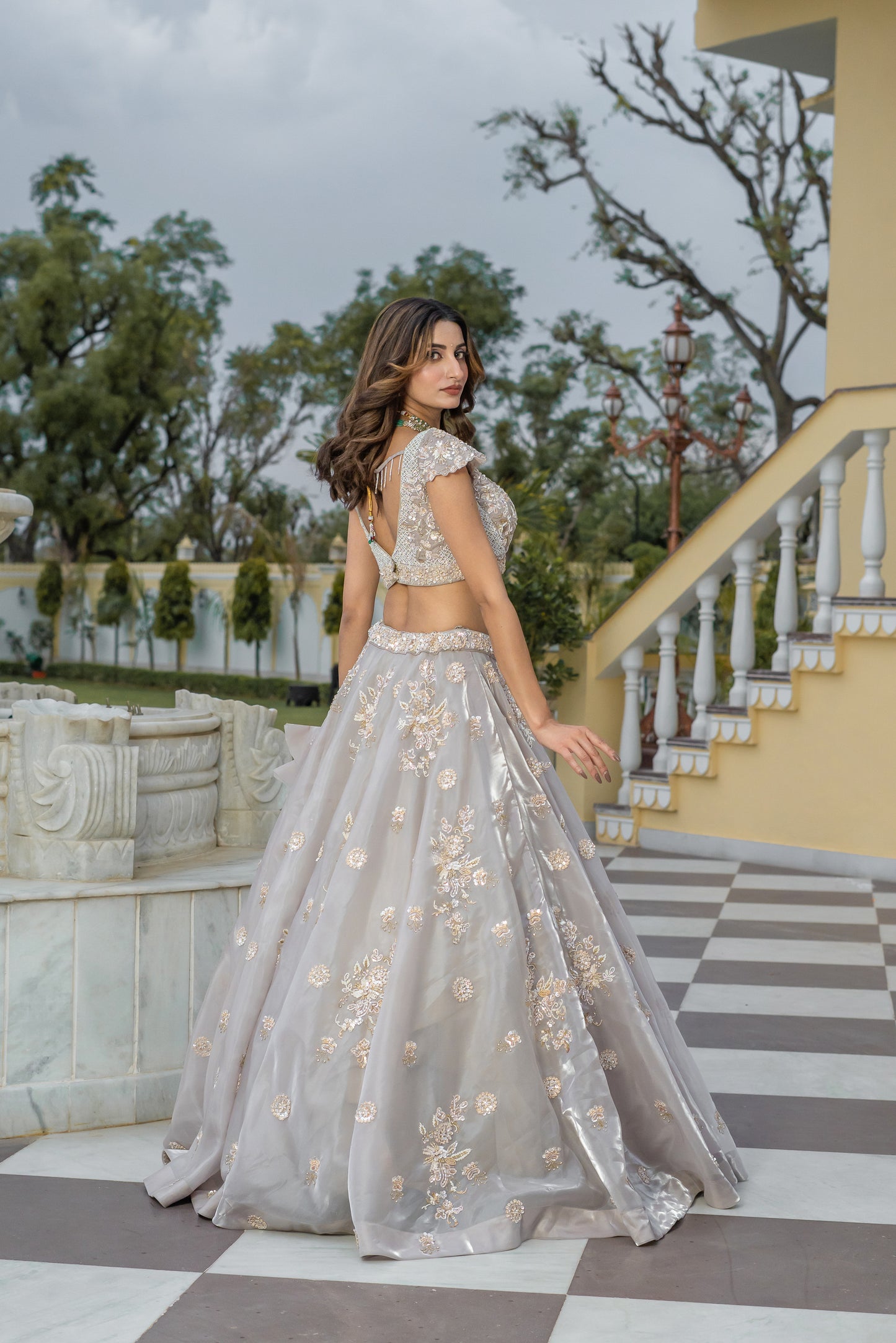 Taupe Hand-Embroidered Tissue Organza Lehenga Set