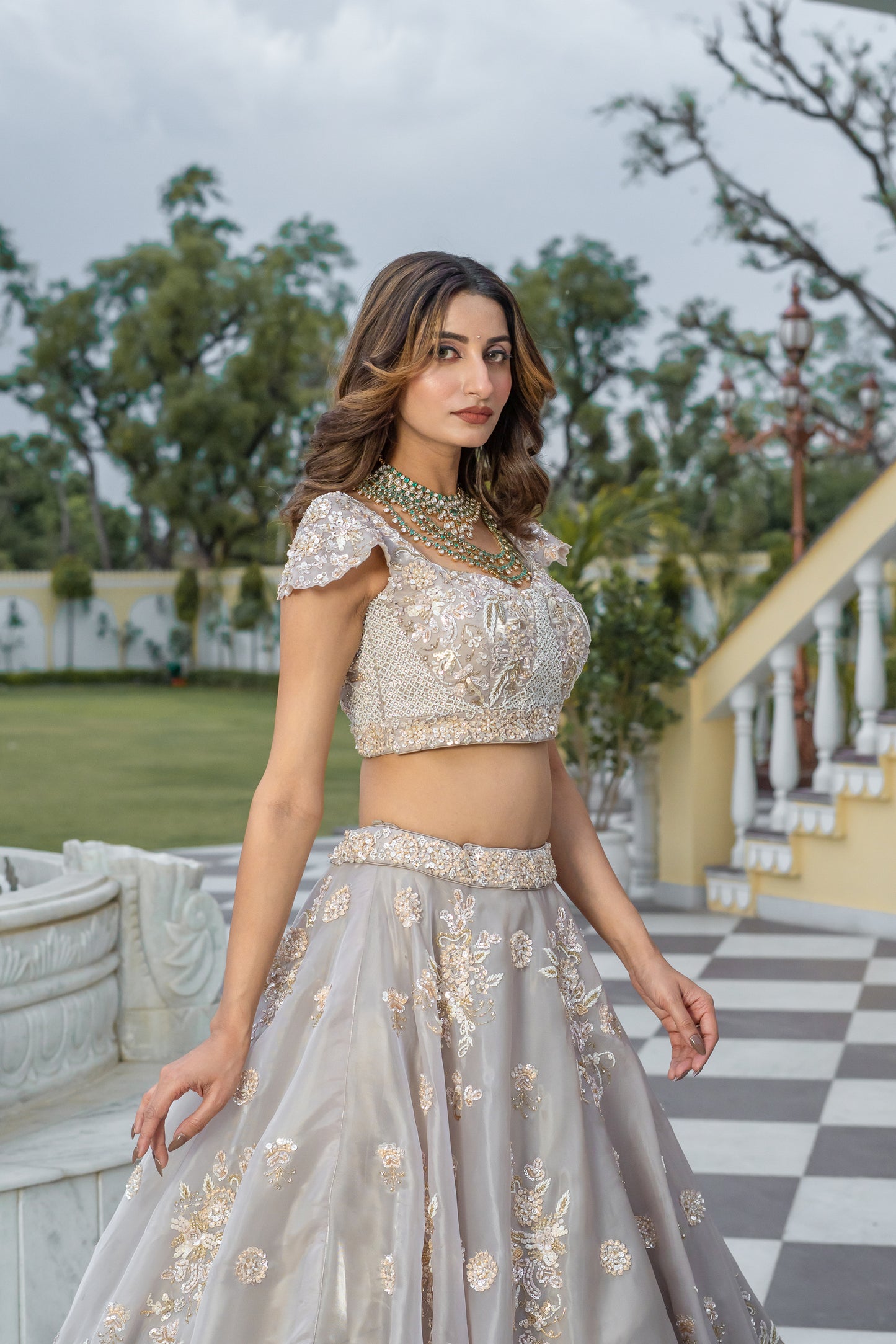 Taupe Hand-Embroidered Tissue Organza Lehenga Set