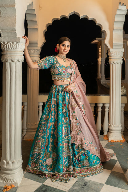Teal Embroidered Raw Silk Lehenga Set