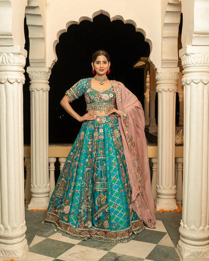 Teal Embroidered Raw Silk Lehenga Set