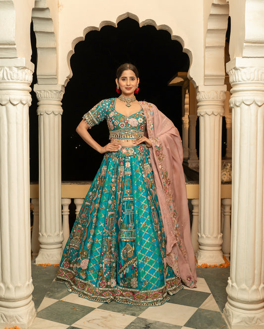 Teal Embroidered Raw Silk Lehenga Set