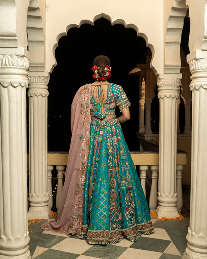 Teal Embroidered Raw Silk Lehenga Set