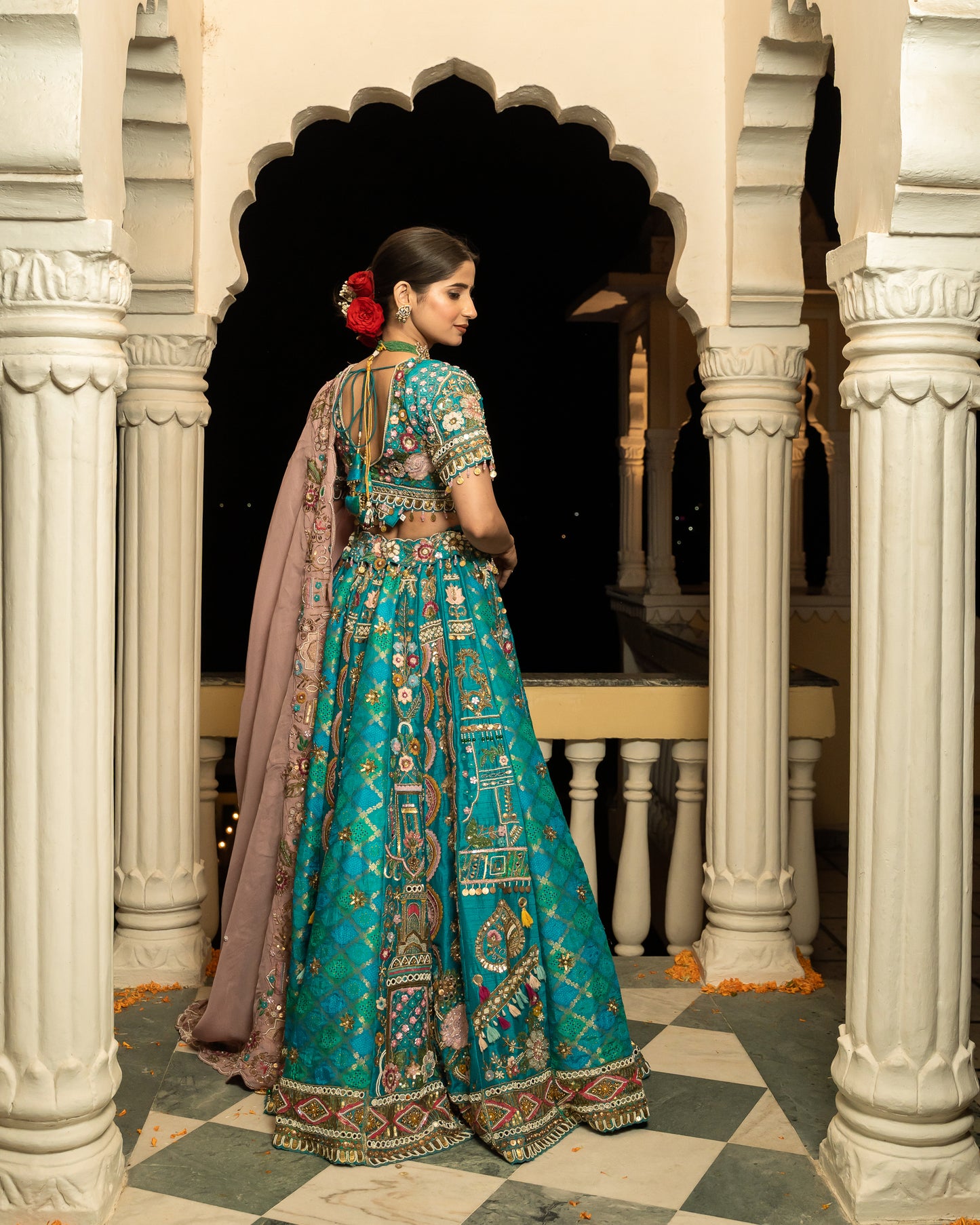 Teal Embroidered Raw Silk Lehenga Set